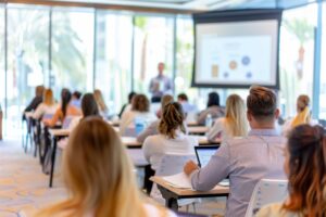 A group of professionals attending a training seminar in a bright, modern classroom setting.