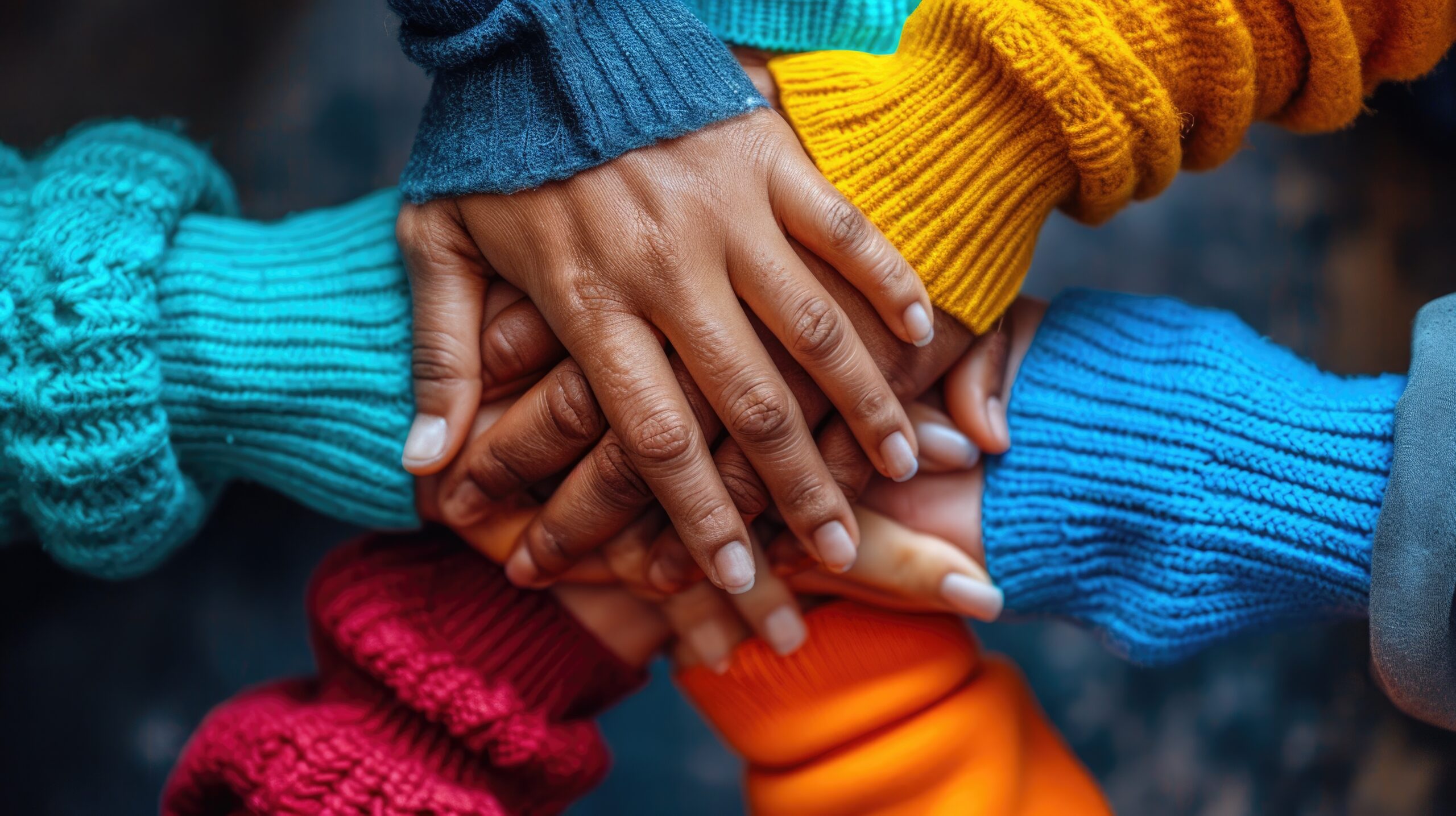 A group of diverse hands stacked together, wearing brightly colored sweaters.